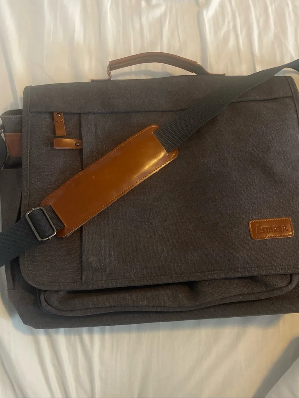 Estarer Grey Laptop Messenger Bag with Brown Leather Trim - Men's Crossbody